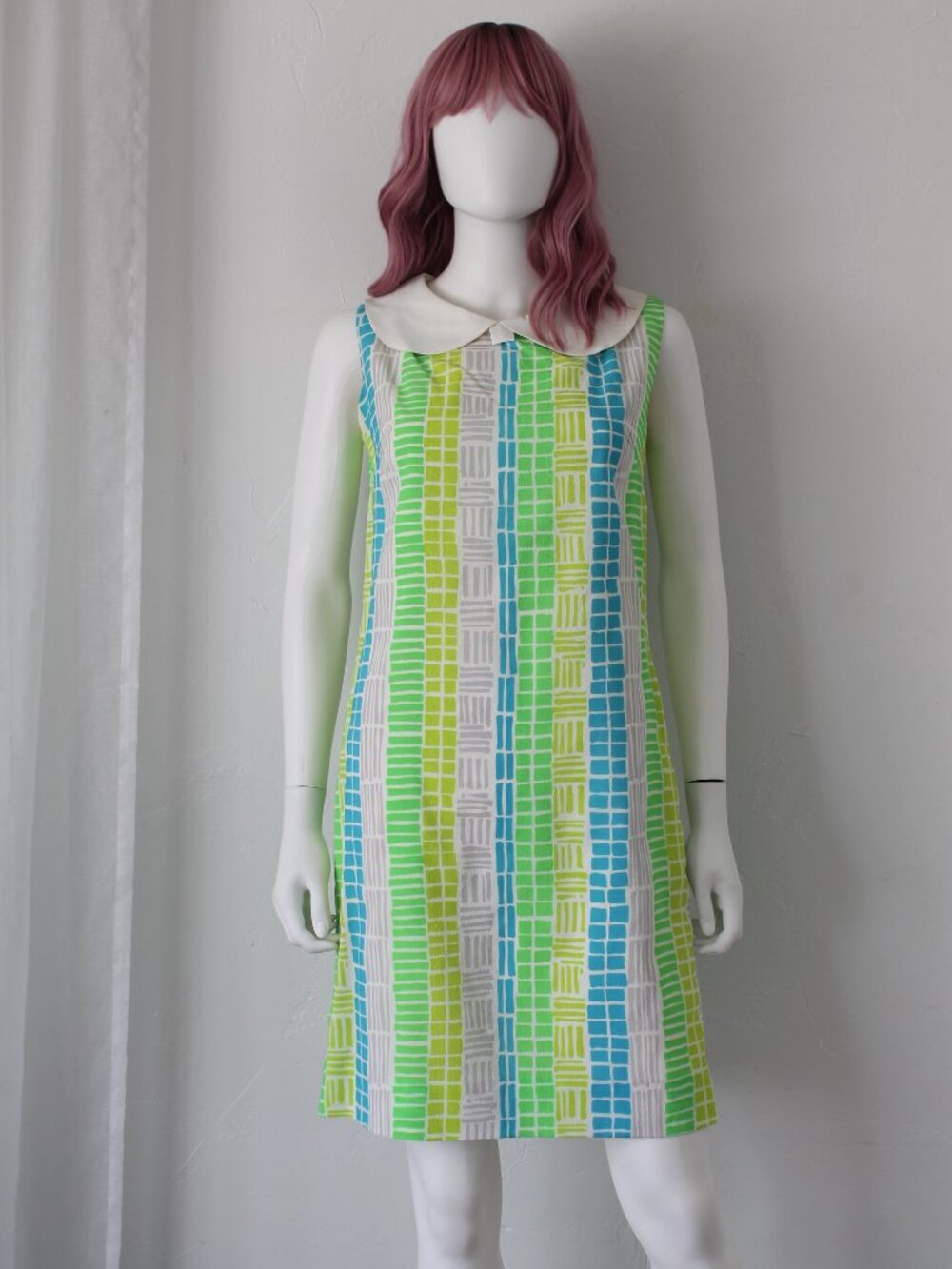 Vintage '60s Mod Shift Dress, Green & Blue Geometric Print with Peter Pan Collar